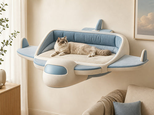 Blue-and-cream Plane CAT-CAR wall lounge with a cat resting inside