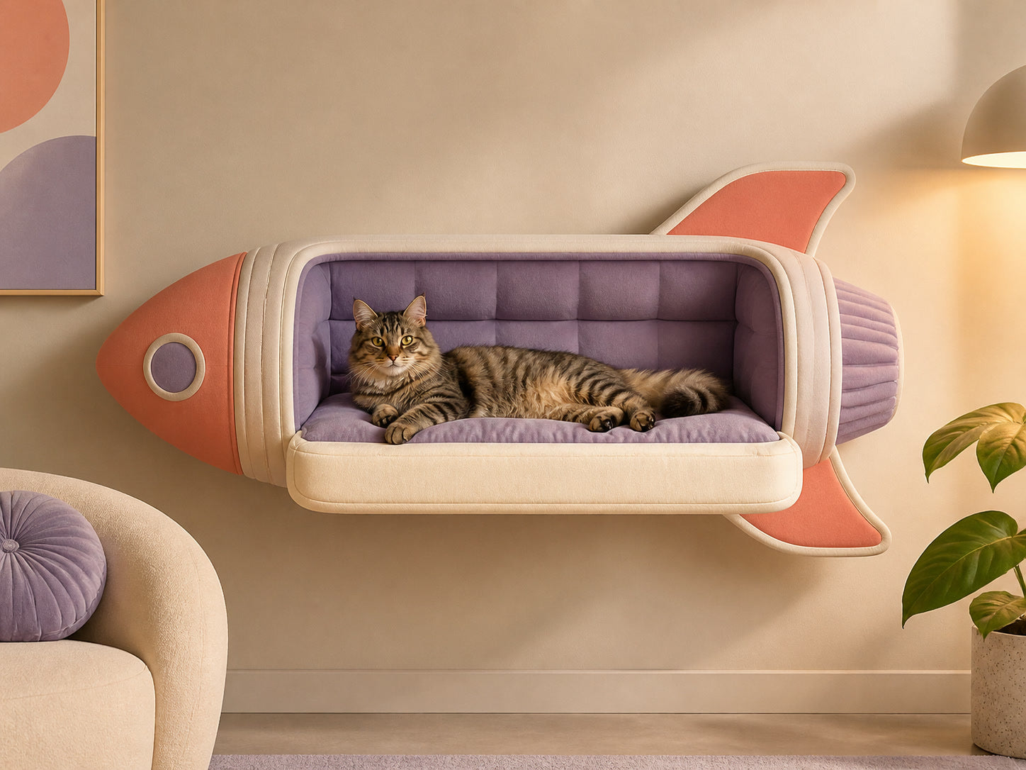 Coral-and-cream Rocket CAT-CAR wall lounge with a cat resting inside