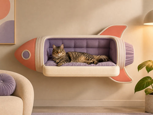 Coral-and-cream Rocket CAT-CAR wall lounge with a cat resting inside
